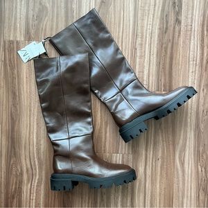 New Zara Brown Leather Boots Lug Sole Size 7.5us